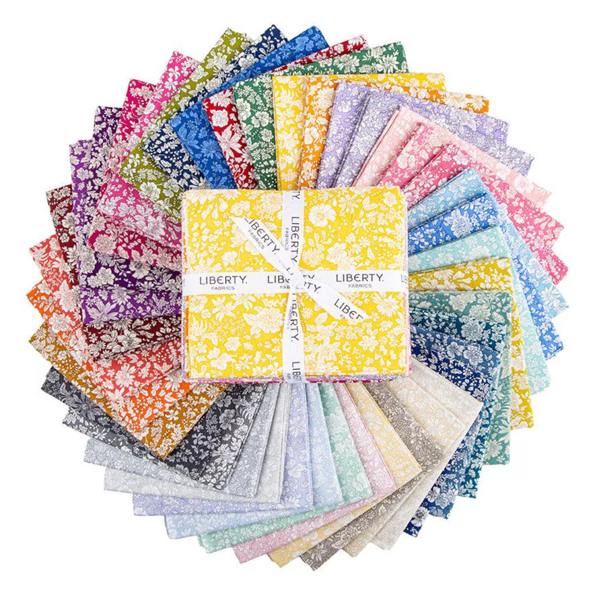 A gorgeous pack of 40 fat quarters with pretty florals in a rainbow of colours with a bundle and ribbon with Liberty Fabrics
