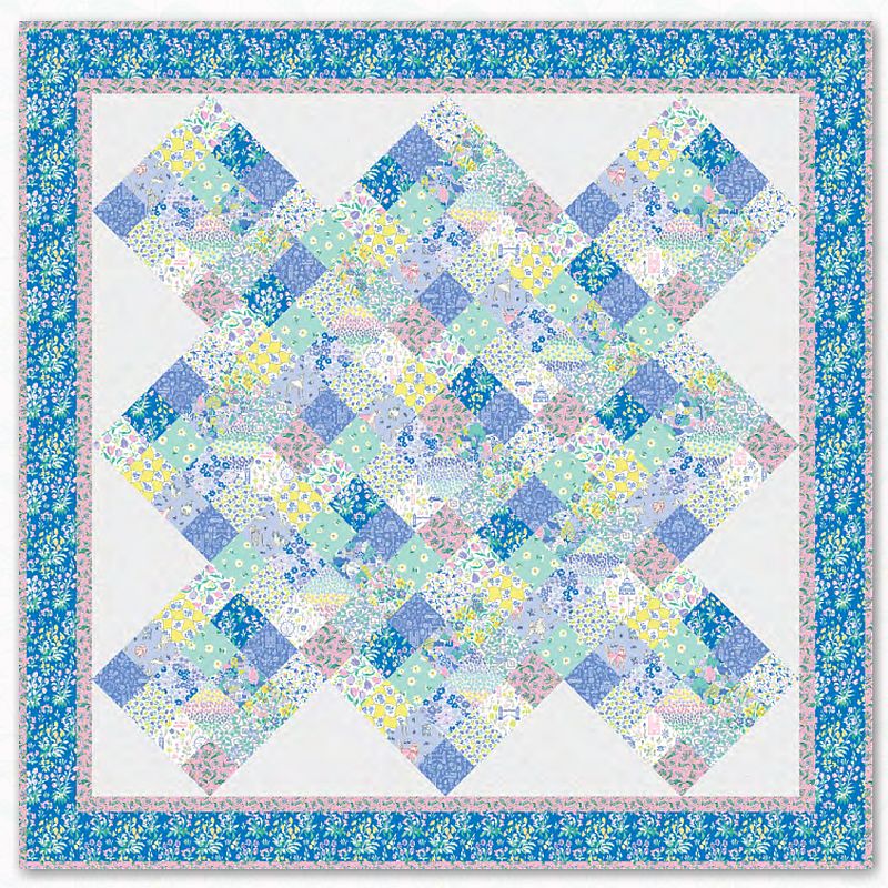 Quilt pattern layout with patchwork diamonds in blue, green, yellow and purple