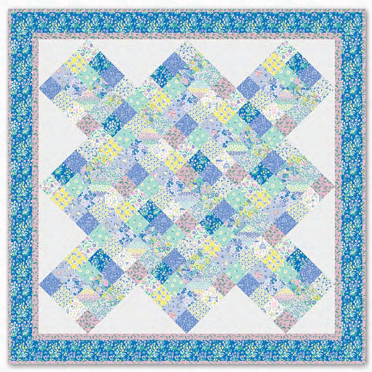 Quilt pattern layout with patchwork diamonds in blue, green, yellow and purple