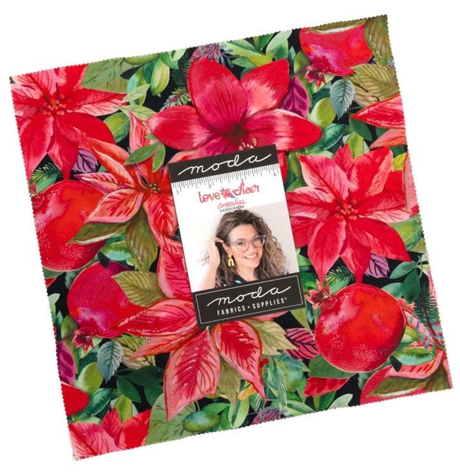 Floral fabric with red flowers and green leaves, featuring Moda label.