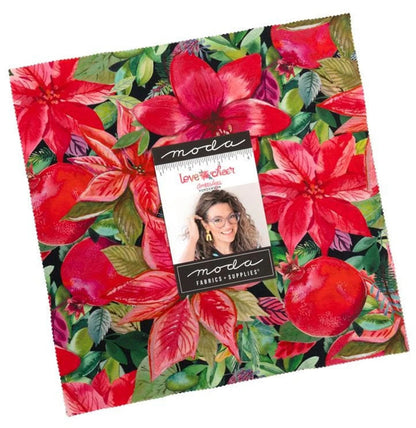 Floral fabric with red flowers and green leaves, featuring Moda label.