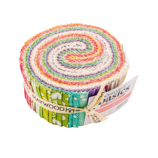 Multicolor fabric jelly roll precut strips, rolled bundle with Spring-themed prints.
