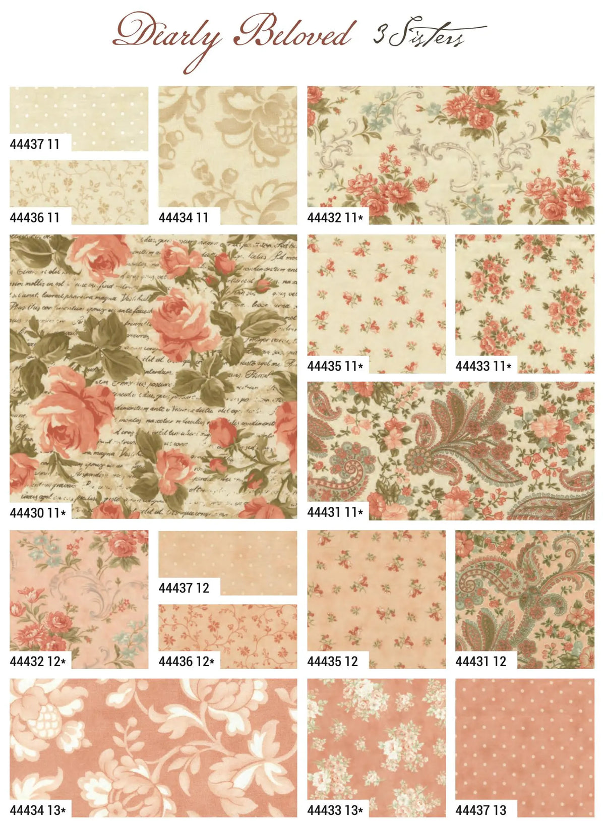 Fabric Layer Cake® bundle with Dearly Beloved floral prints in cream, pink, and muted green squares