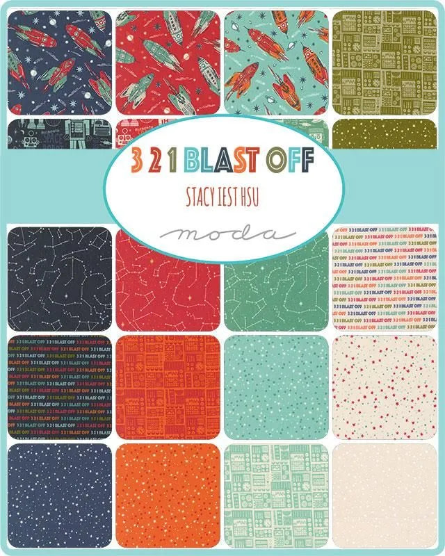 A fabric bundle set titled '321 Blast Off' by Stacy Lest HSU for Moda, featuring a grid of 32 different patterned fabric squares in various colors and designs, with a central white oval label.