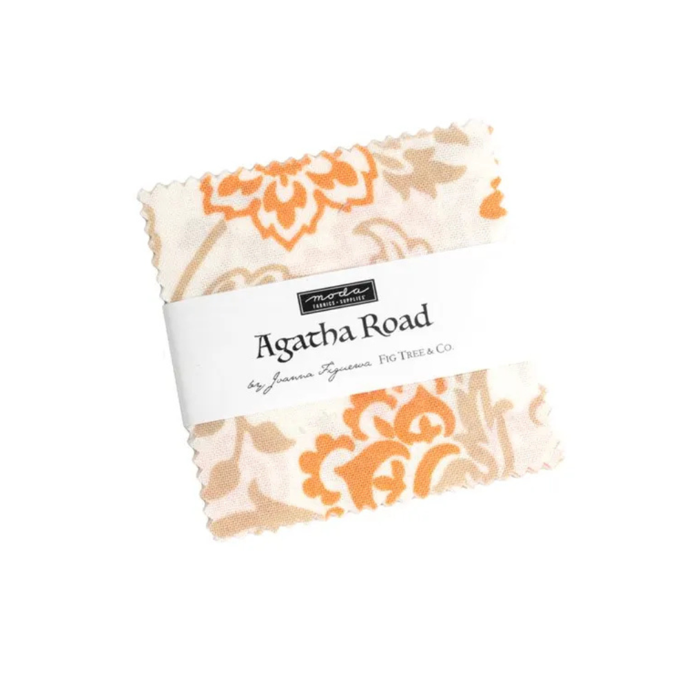 Charm square pack featuring a collection of fabric swatches with various patterns and colors, featuring the brand 'Agatha Road' and 'Moda'.