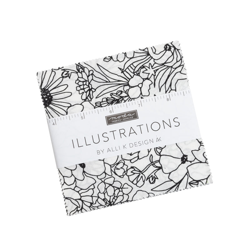 5-inch charm square with black botanical line art on white fabric