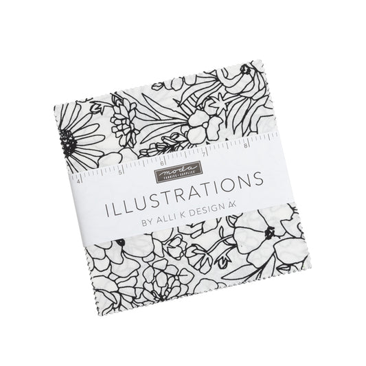5-inch charm square with black botanical line art on white fabric
