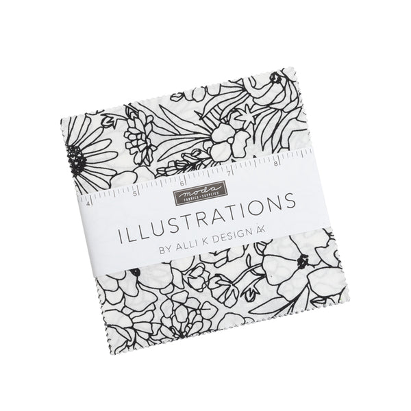 5-inch charm square with black botanical line art on white fabric