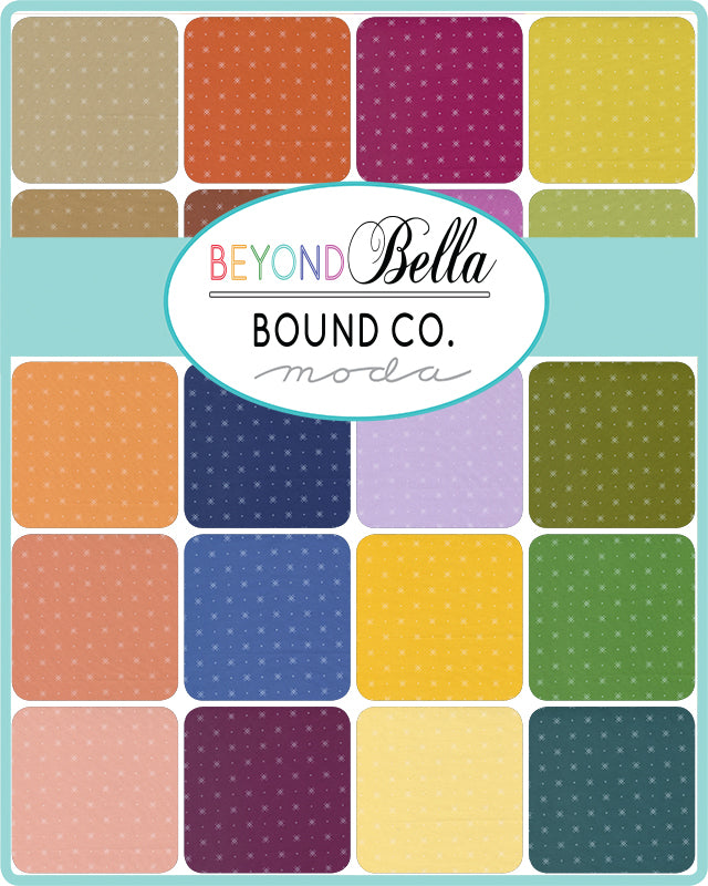 Printed fabric swatch bundle with circular Beyond Bella logo and multicolor squares