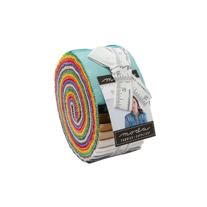 Jelly roll fabric bundle with rainbow spiral stripes on light teal