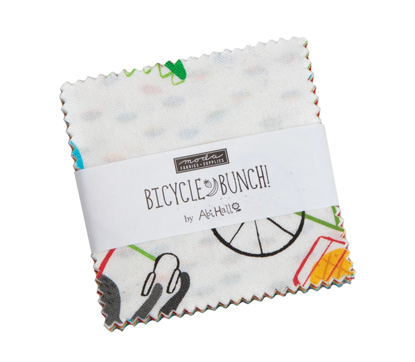 A charm square fabric bundle with scalloped edges, wrapped in a white paper band reading 'BICYCLE BUNCH!' by Abi Hall. The fabric features a white base with a colorful bicycle-themed print including black wheels, green handlebars, and red and yellow accents.