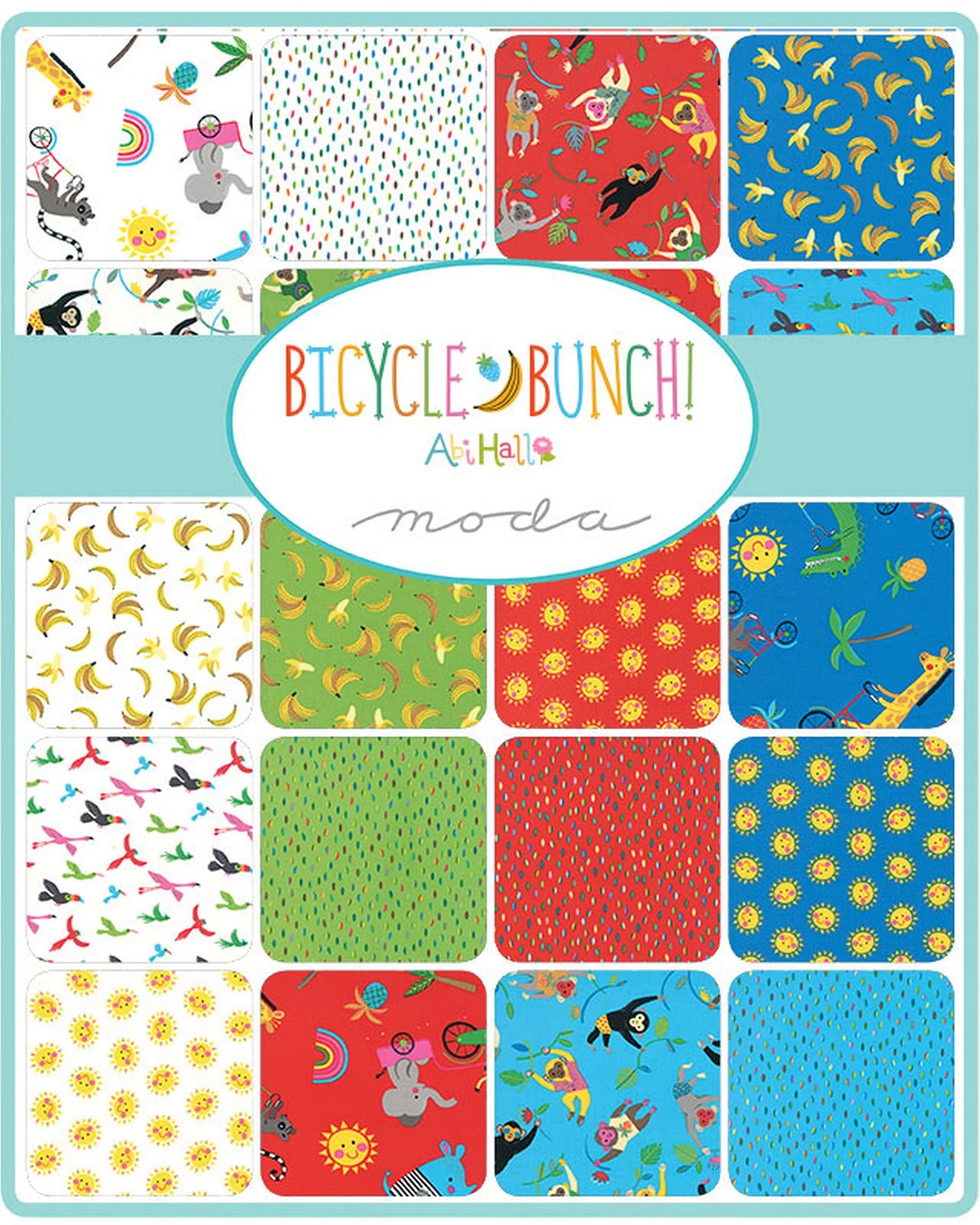 Collection of colorful fabric swatches with 'Bicycle Bunch!' branding on a blue background
