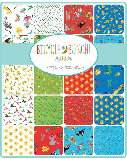 Collection of colorful fabric swatches with 'Bicycle Bunch!' branding on a blue background