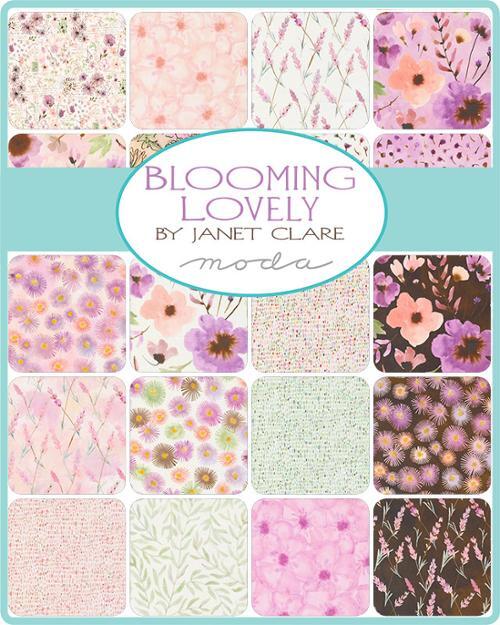 Collection of floral fabric patterns with 'Blooming Lovely' by Janet Clare branding.