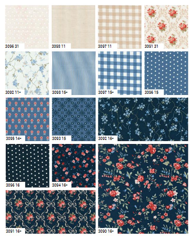 5-inch charm squares showing blue floral, gingham, stripes, and dotted patterns