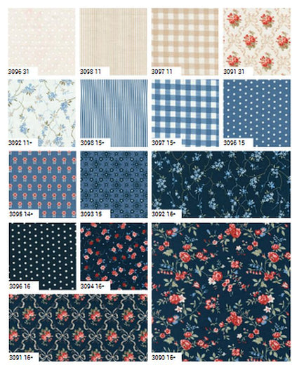 5-inch charm squares showing blue floral, gingham, stripes, and dotted patterns
