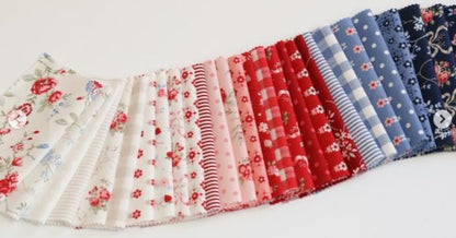 10-inch layer cake fabric bundle, floral and striped squares in red, blue, cream