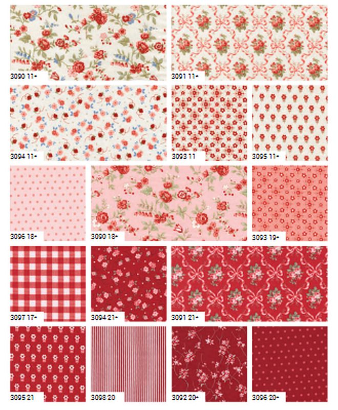 5-inch charm squares featuring red floral, gingham, stripe, and dotted fabric prints