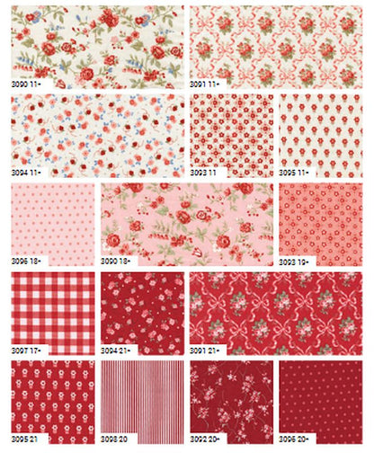5-inch charm squares featuring red floral, gingham, stripe, and dotted fabric prints