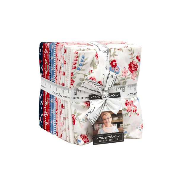 Moda Blossom Jubilee fat quarter fabric bundle, red blue floral and leaf prints on white