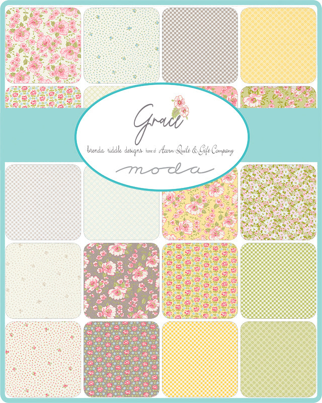 Assorted floral fabric squares in pastel colors shown on a grid