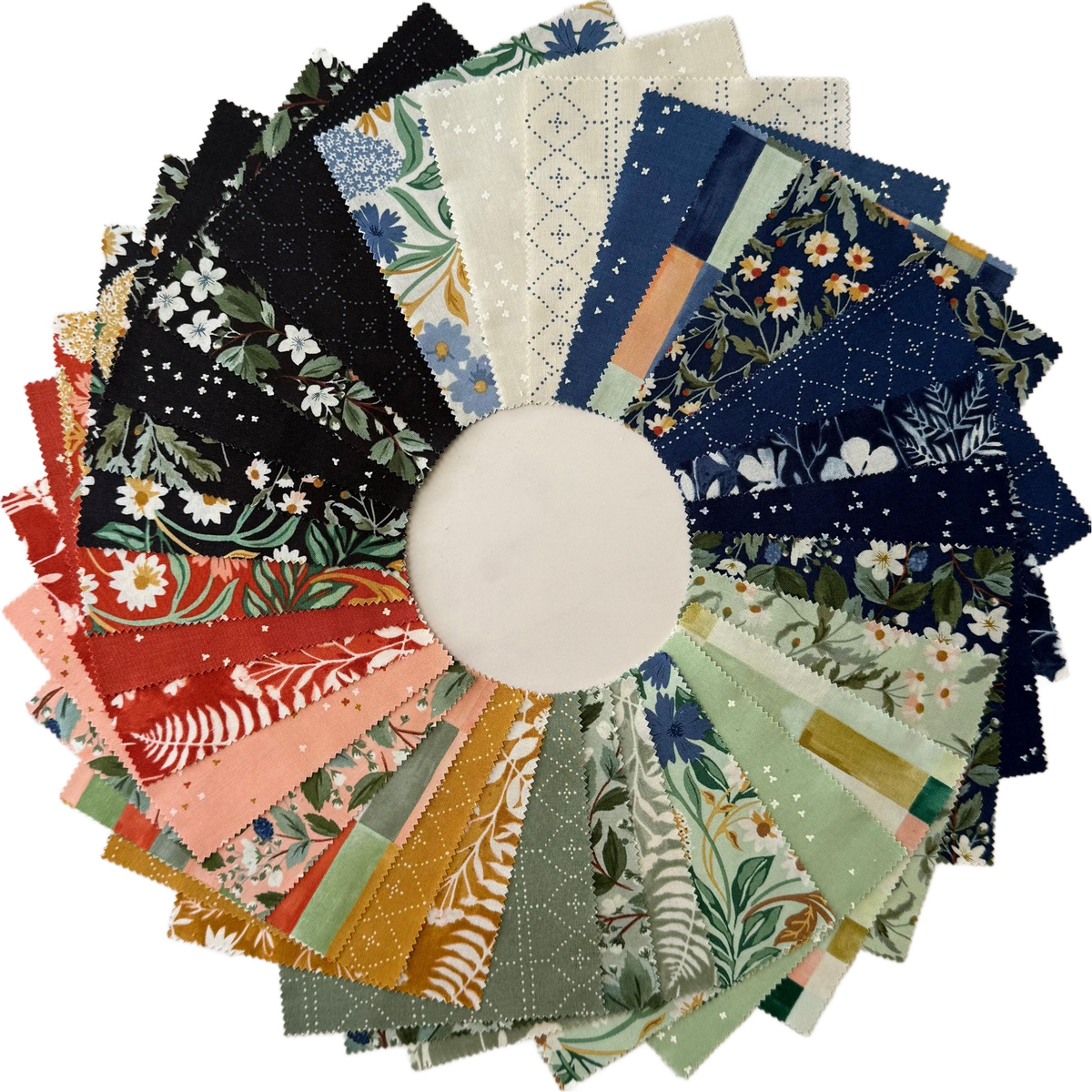 Charm pack bundle of assorted floral quilting squares in navy, blue, tan, and green