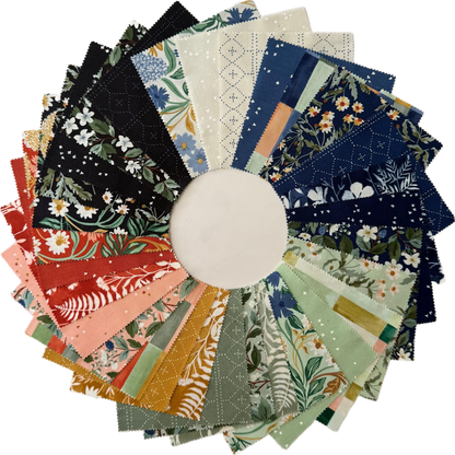 Charm pack bundle of assorted floral quilting squares in navy, blue, tan, and green