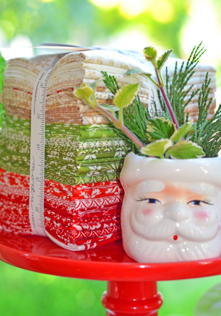 Fabric roll with green and red pattern, plant, and Santa Claus mug on a red surface with blurred green background