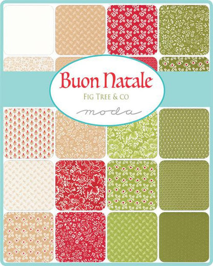 Collection of fabric squares with various patterns and colors, featuring the brand 'Buon Natale' from Fig Tree & Co.