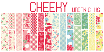 Collection of colorful fabric patterns with 'Cheeky Urban Chiks' branding.
