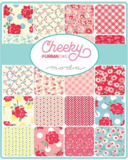 Collection of colorful fabric swatches with 'Cheeky' branding on a blue background