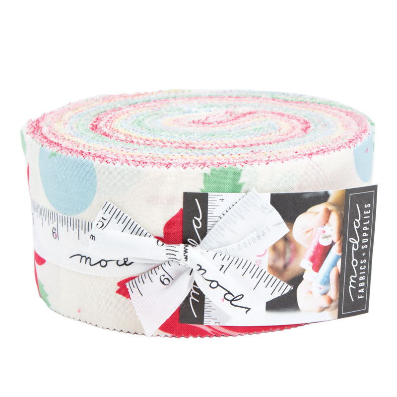 Roll of fabric with colorful pattern and Moda label on a white background