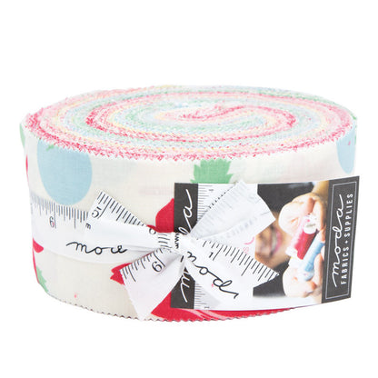 Roll of fabric with colorful pattern and Moda label on a white background