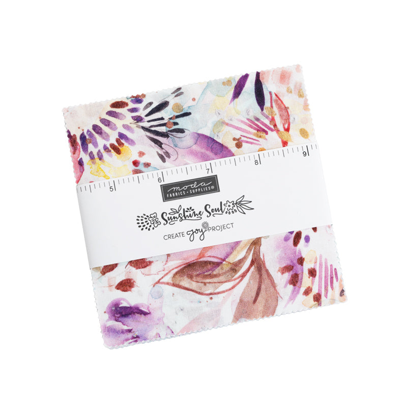 5-inch charm squares bundle with purple, pink, and cream watercolor floral prints and ruler