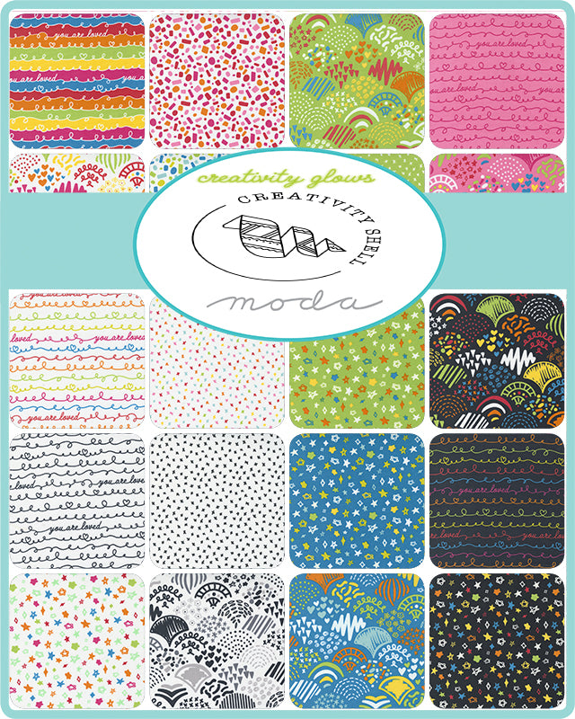 Collection of colorful fabric swatches with 'Creativity Glows' and 'Moda' branding.