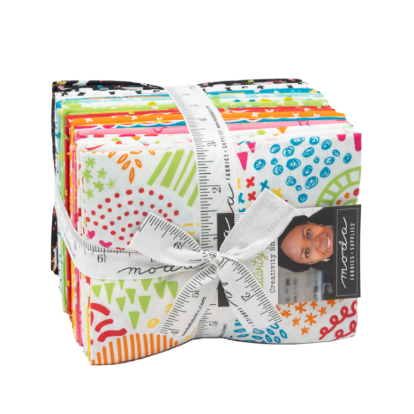 Moda Creativity Glows Fat Quarter Bundle by Creativity Shell featuring vibrant modern quilting fabrics with stars, doodles and colourful artistic prints.