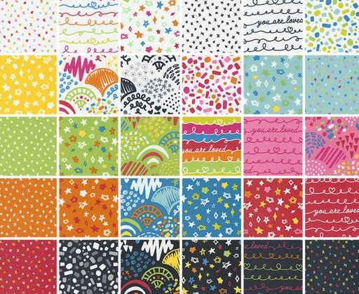 Creativity Glows Fat Quarter Bundle by Moda Fabrics with energetic rainbow-inspired patchwork fabrics perfect for quilting and creative sewing projects.