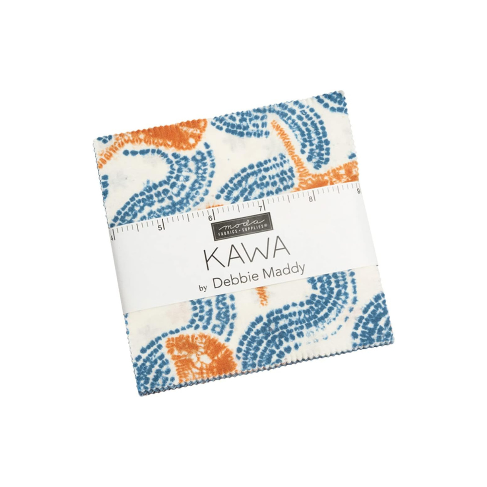 Fabric charm squares bundle with blue and orange oriental motifs, printed label
