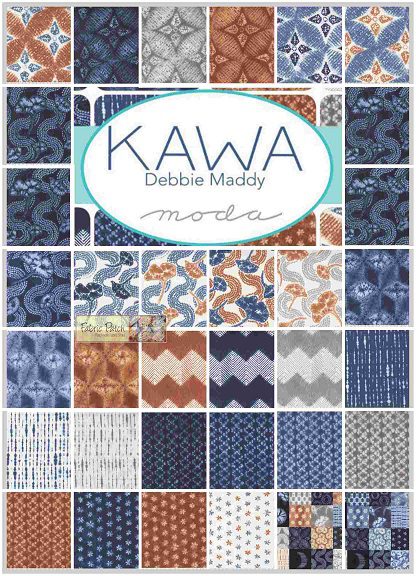 KAWA fabric charm squares layout, navy, blue, gray, orange and white geometric patterns