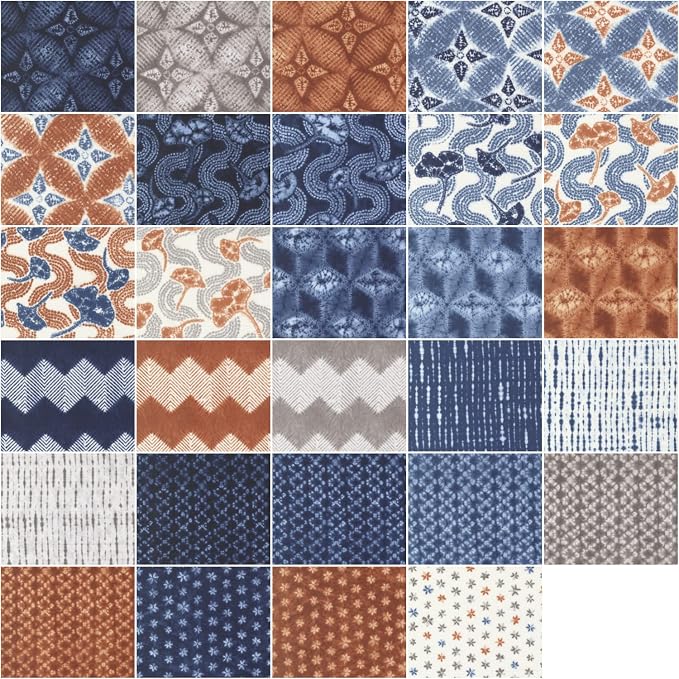 Fabric charm squares collage with blue, orange, gray and white medallion and chevron designs