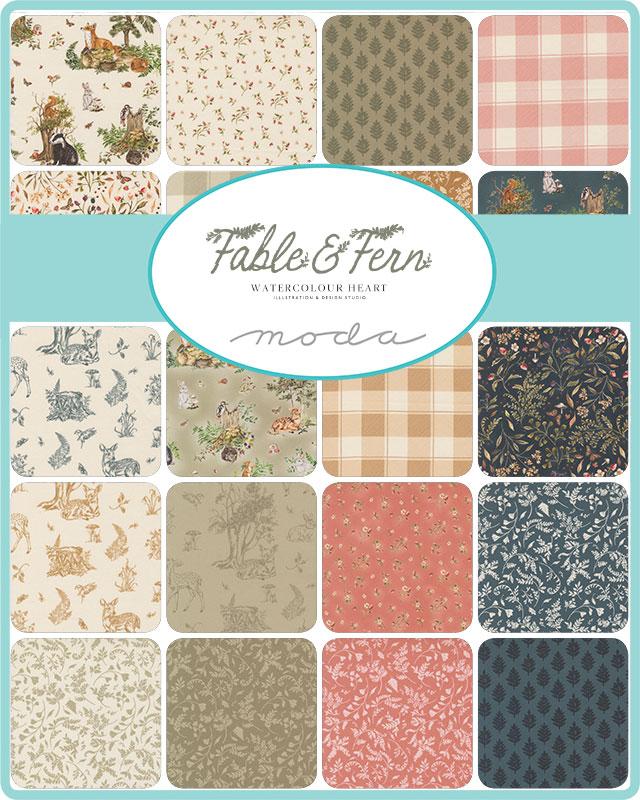 Collection of fabric swatches with various patterns and the Fable & Fern branding.