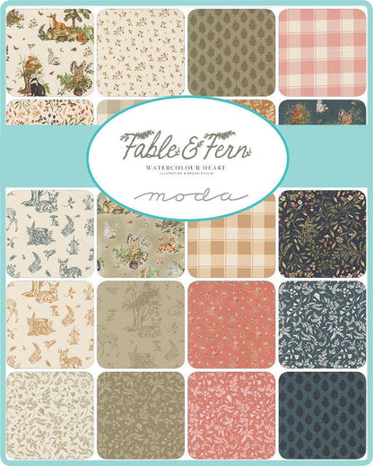 Collection of fabric swatches with various patterns and the Fable & Fern branding.
