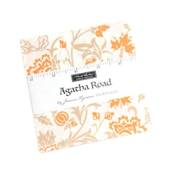A charm square pack featuring a Collection of fabric swatches with various patterns and colors, featuring the brand 'Agatha Road' and 'Moda'.