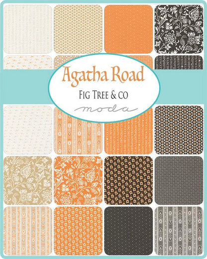 Collection of fabric swatches with various patterns and colors, featuring the brand 'Agatha Road' and 'Moda'.