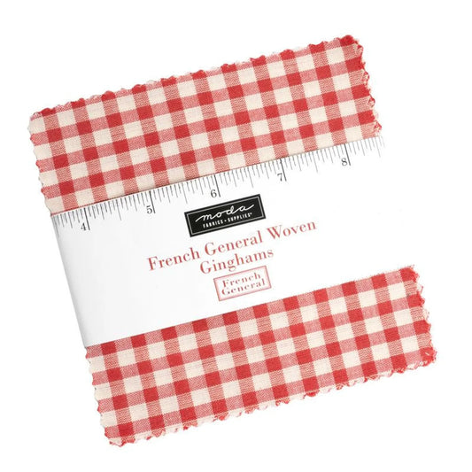 Moda French General Woven Ginghams charm pack featuring classic red and cream woven gingham fabric squares
