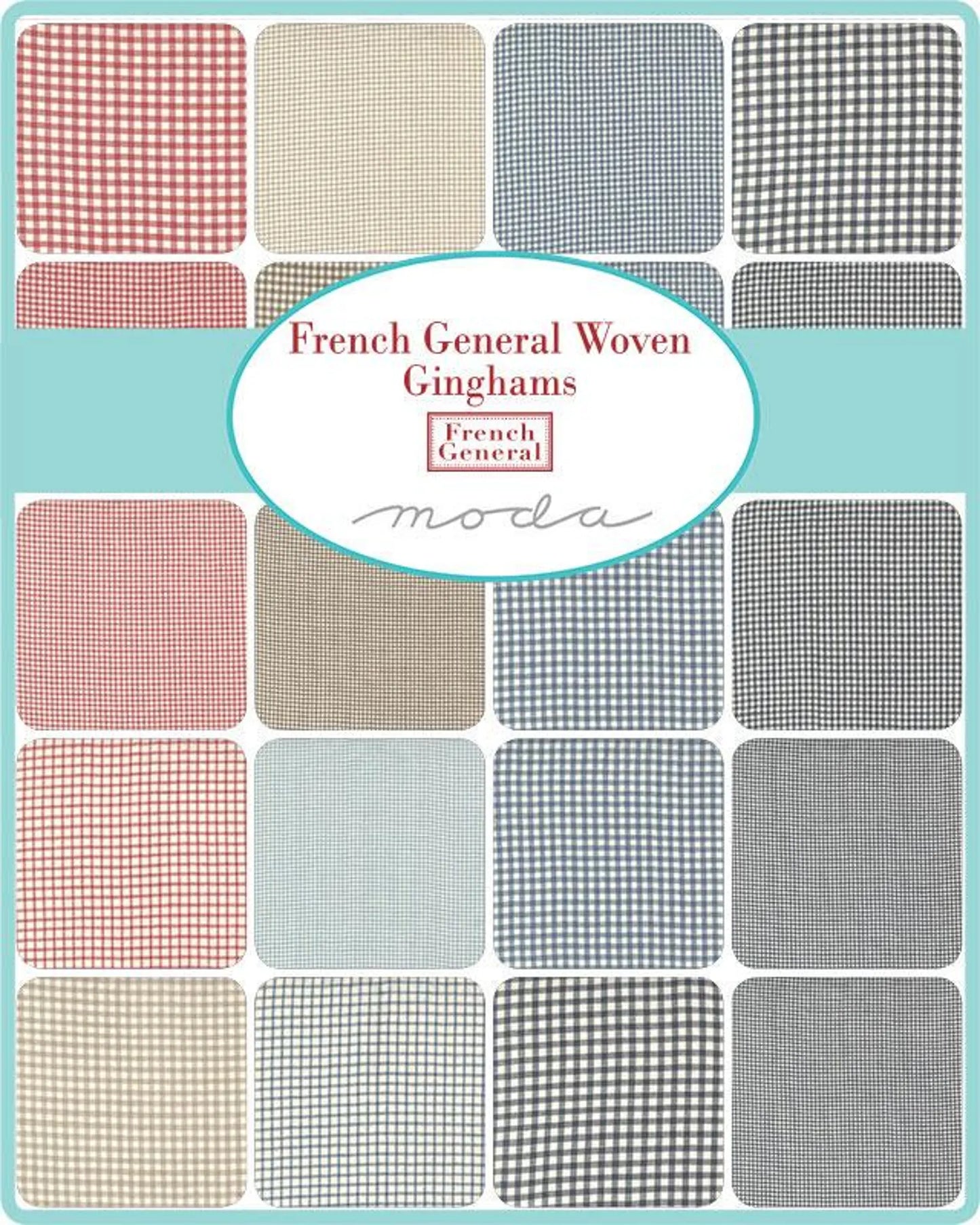 Collection of French General woven gingham patterns on a blue background