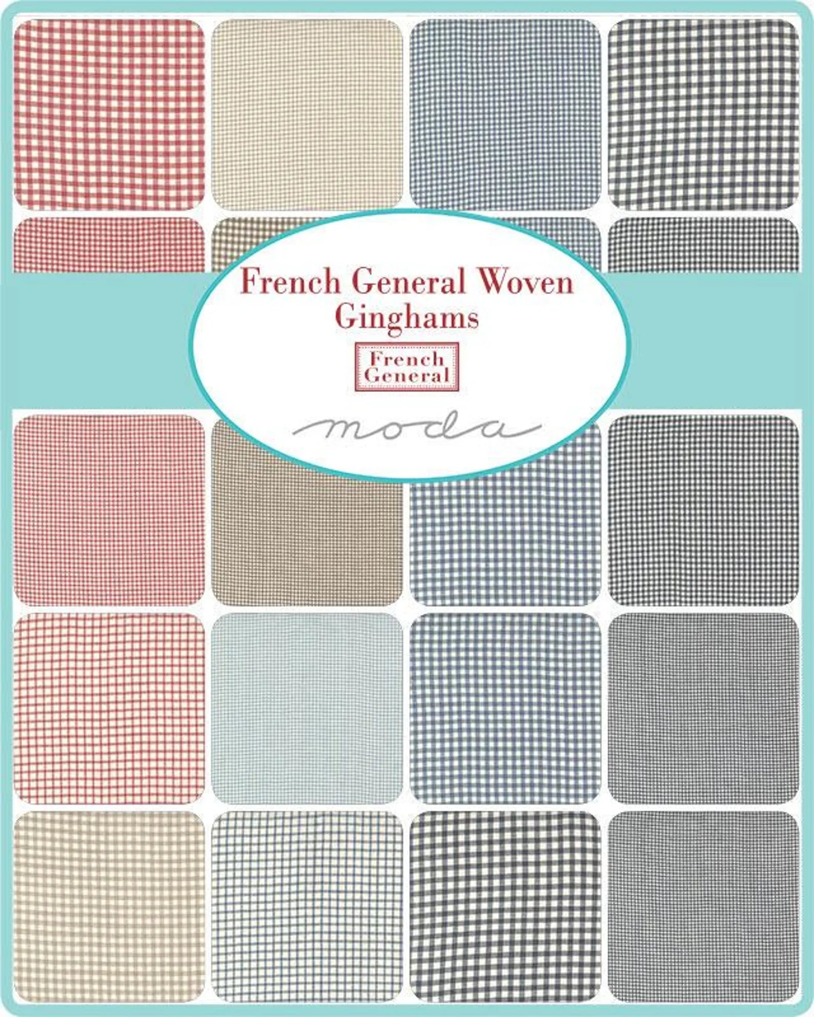 Collection of French General woven gingham patterns on a blue background