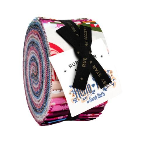 Jelly roll fabric bundle with colorful repeating patterns, stacked and wrapped in pinks and blues