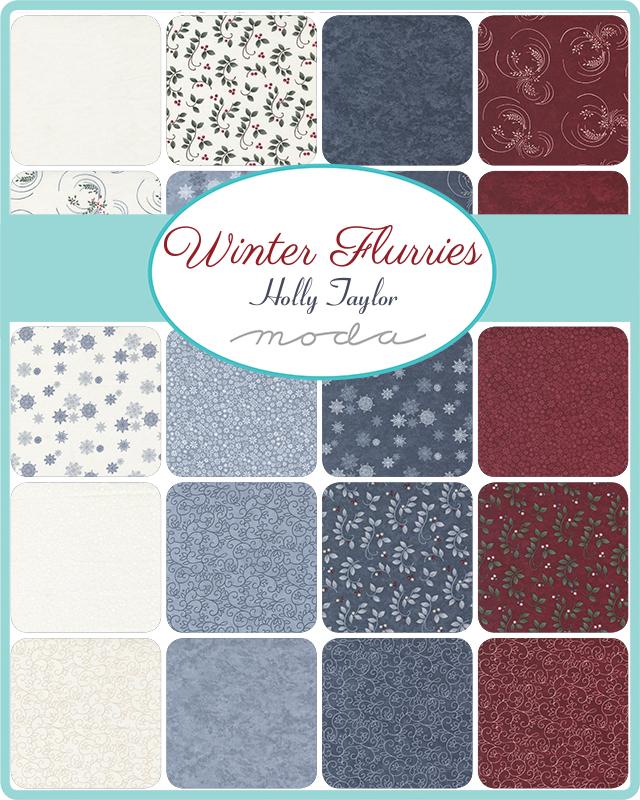Assorted fabric charm squares in blue, gray, and burgundy with small motifs