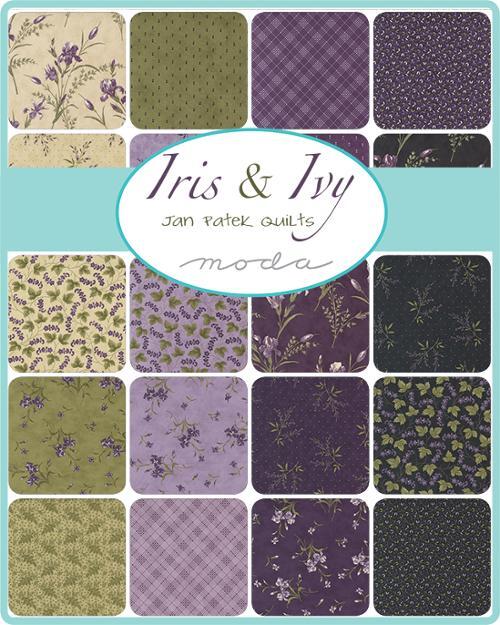 Collection of fabric swatches with various patterns and colors, featuring the brand 'Iris & Ivy' by Jan Patek Quilts Moda.
